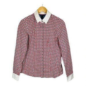 Tommy Hilfiger Y2K Red Blue TH‎ Logo Print Button Down Shirt Women Size Medium